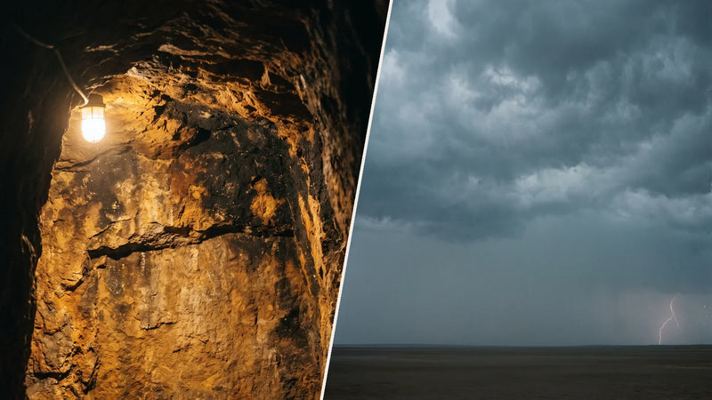 Links ein Stollen im Fels mit Grubenlampe, rechts ein Gewitterhimmel mit Blitz über flachem Land