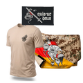 Fallschirmjäger Bundle: sand-coloured shirt with a small chest print, black embroidered Quis ut Deus patch with sword and snake, flag in Tropentarn camouflage with skull and parachutes