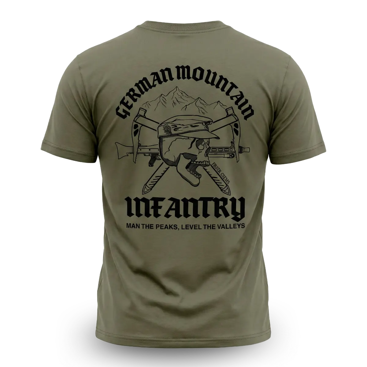 Gebirgsjäger Shirt Rückansicht mit Totenschädel, Bergmütze und Edelweiß