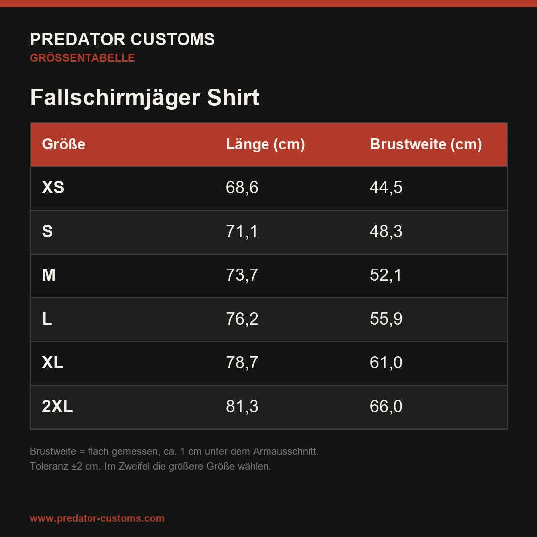 Größentabelle Fallschirmjäger Shirt (Maße in cm)