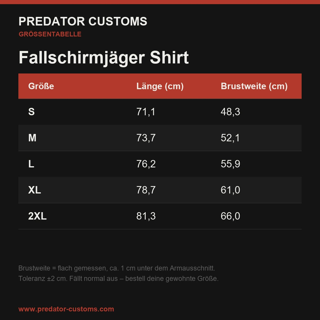 Größentabelle Fallschirmjäger Shirt (Maße in cm)
