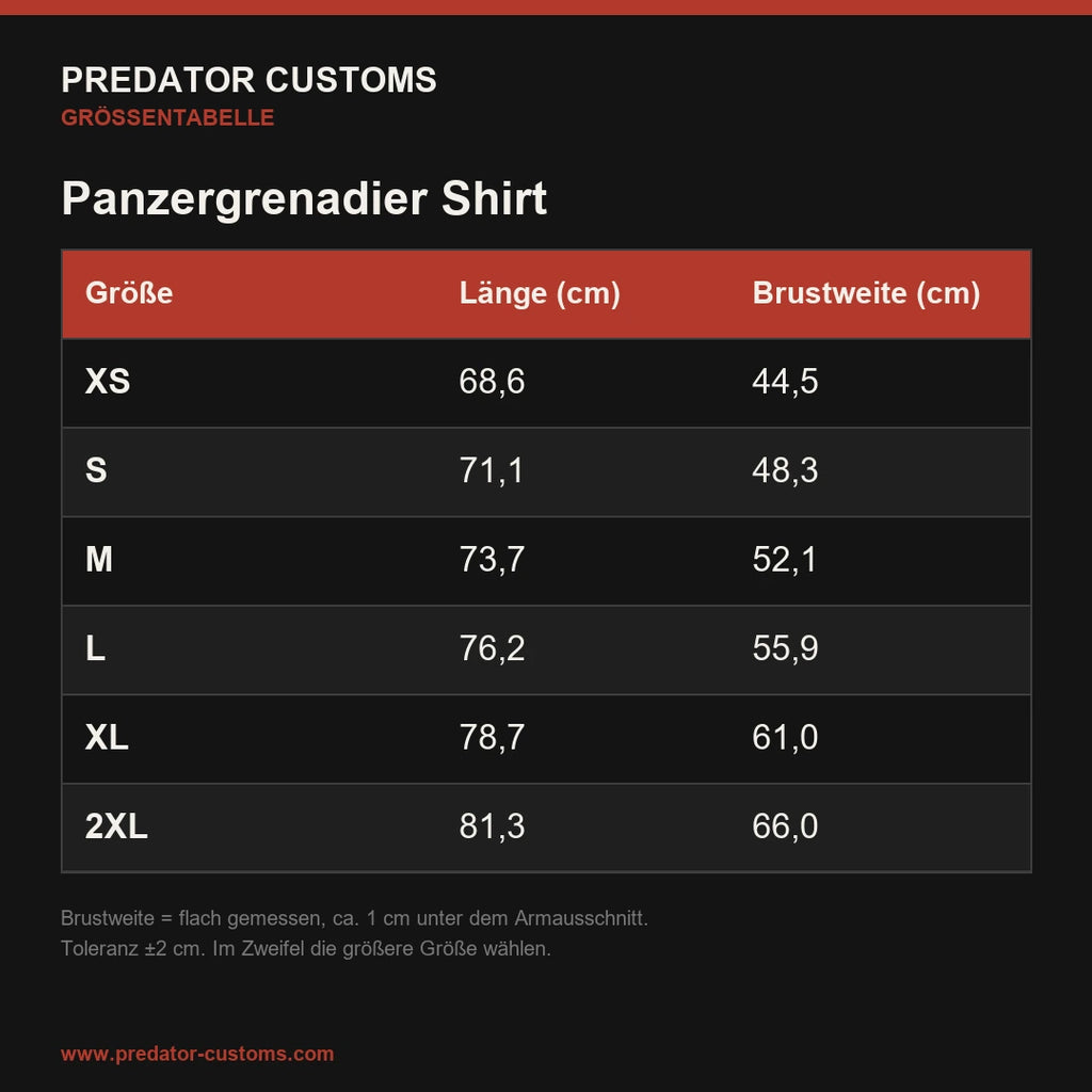 Größentabelle Panzergrenadier Shirt (Maße in cm)