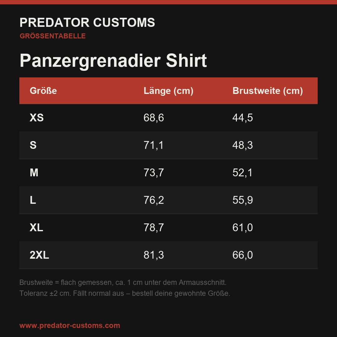 Größentabelle Panzergrenadier Shirt (Maße in cm)