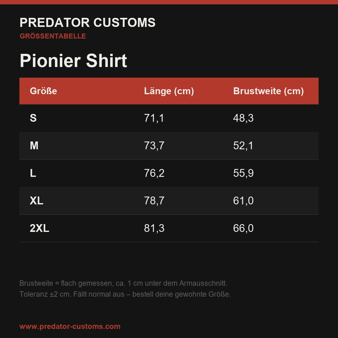 Größentabelle Pionier Shirt (Maße in cm)