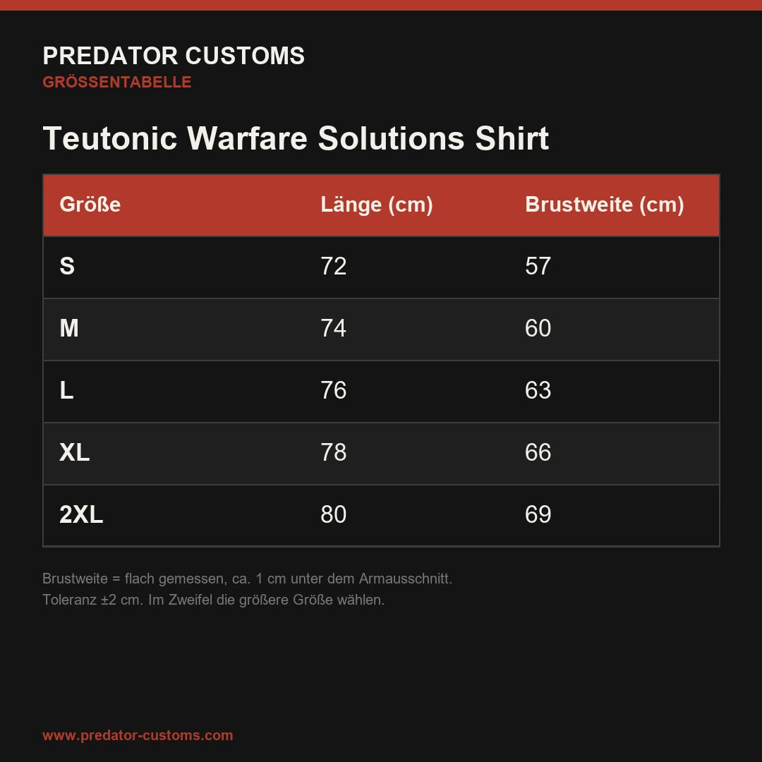 Größentabelle Teutonic Warfare Solutions Shirt (Maße in cm)