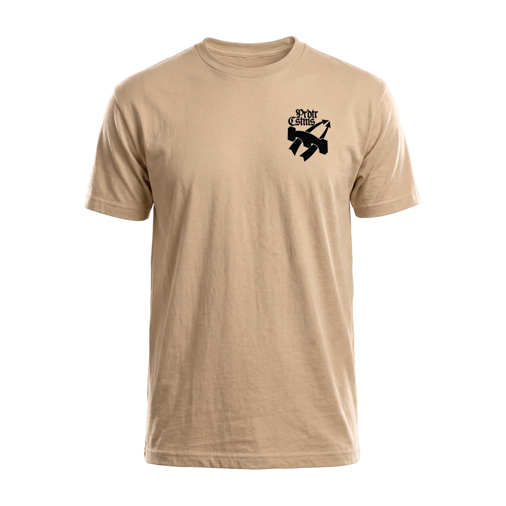 Pionier Shirt in Sand, Vorderansicht mit dem Schriftzug Prdtr Cstms klein auf der linken Brust