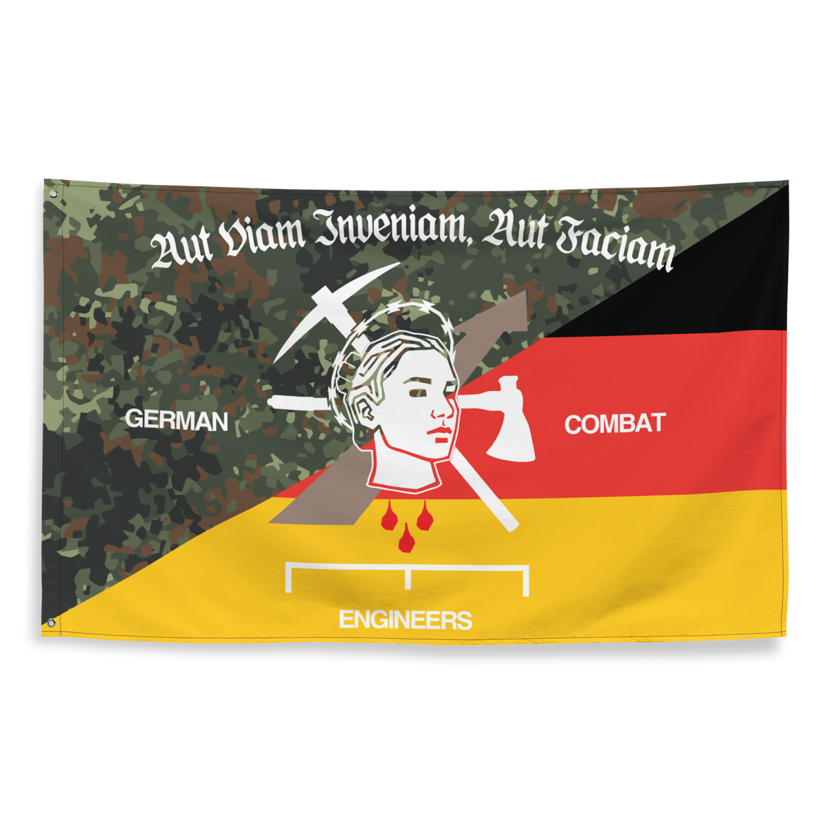 Pionier Flagge flach von vorn, diagonal geteilt in Flecktarn und Schwarz-Rot-Gold, Devise in Fraktur