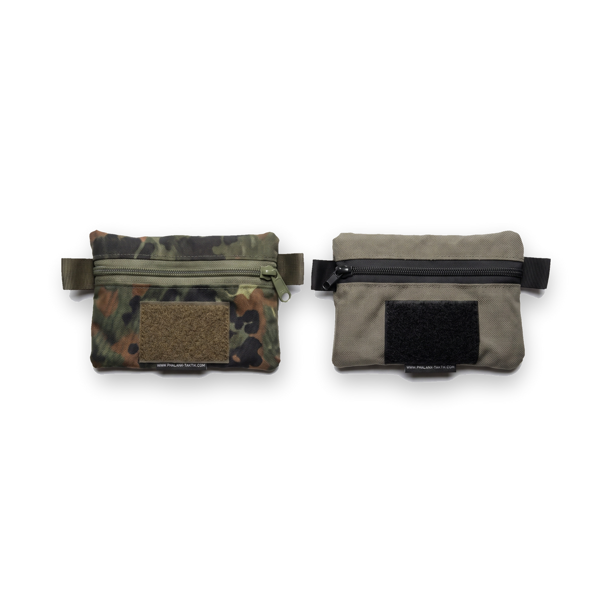 Beintaschen Organizer von Phalanx Taktik, beide Varianten Flecktarn und Steingrau-oliv nebeneinander, Vorderseite mit Reissverschluss und Klettfeld