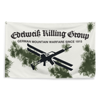 Gebirgsjäger Flagge Edelweiß Killing Group in Schneetarn, gekreuzte Ski und Gewehr, Schriftzug German Mountain Warfare since 1915