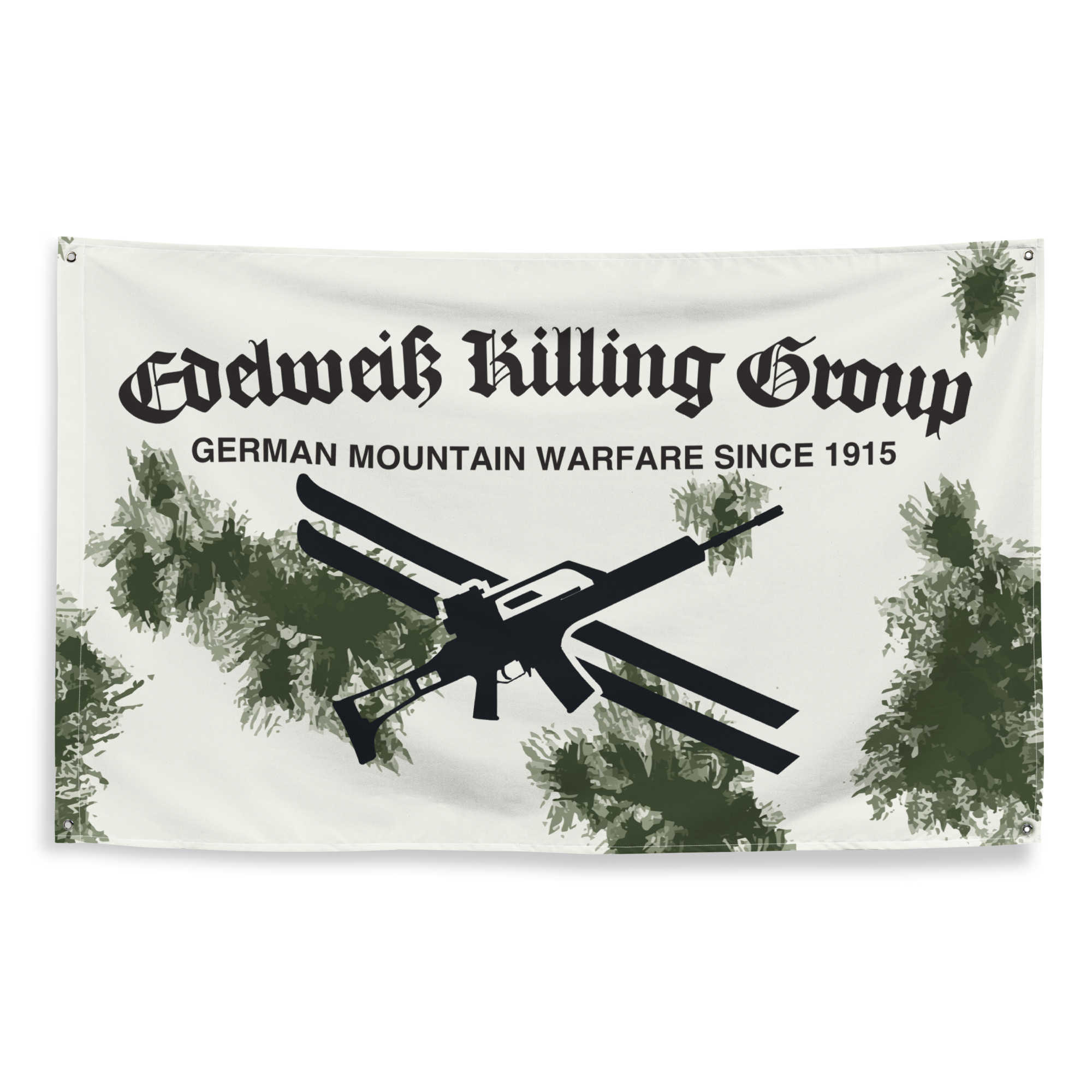 Gebirgsjäger Flagge Edelweiß Killing Group in Schneetarn, gekreuzte Ski und Gewehr, Schriftzug German Mountain Warfare since 1915