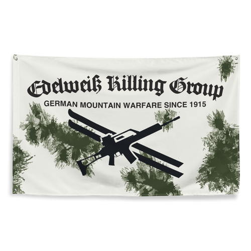 Gebirgsjäger Flagge Edelweiß Killing Group in Schneetarn, gekreuzte Ski und Gewehr, Schriftzug German Mountain Warfare since 1915
